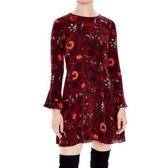 Sandro Dresses & Skirts - Sandro Women's Size 2 Sofia Floral Burgundy Dress Bell Sleeve 100% Silk